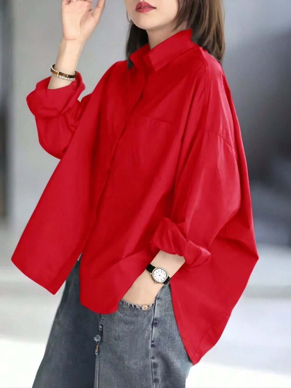 Red Minimalist Women's Long Sleeve Lapel Oversized Bat-Hem Shirt Top